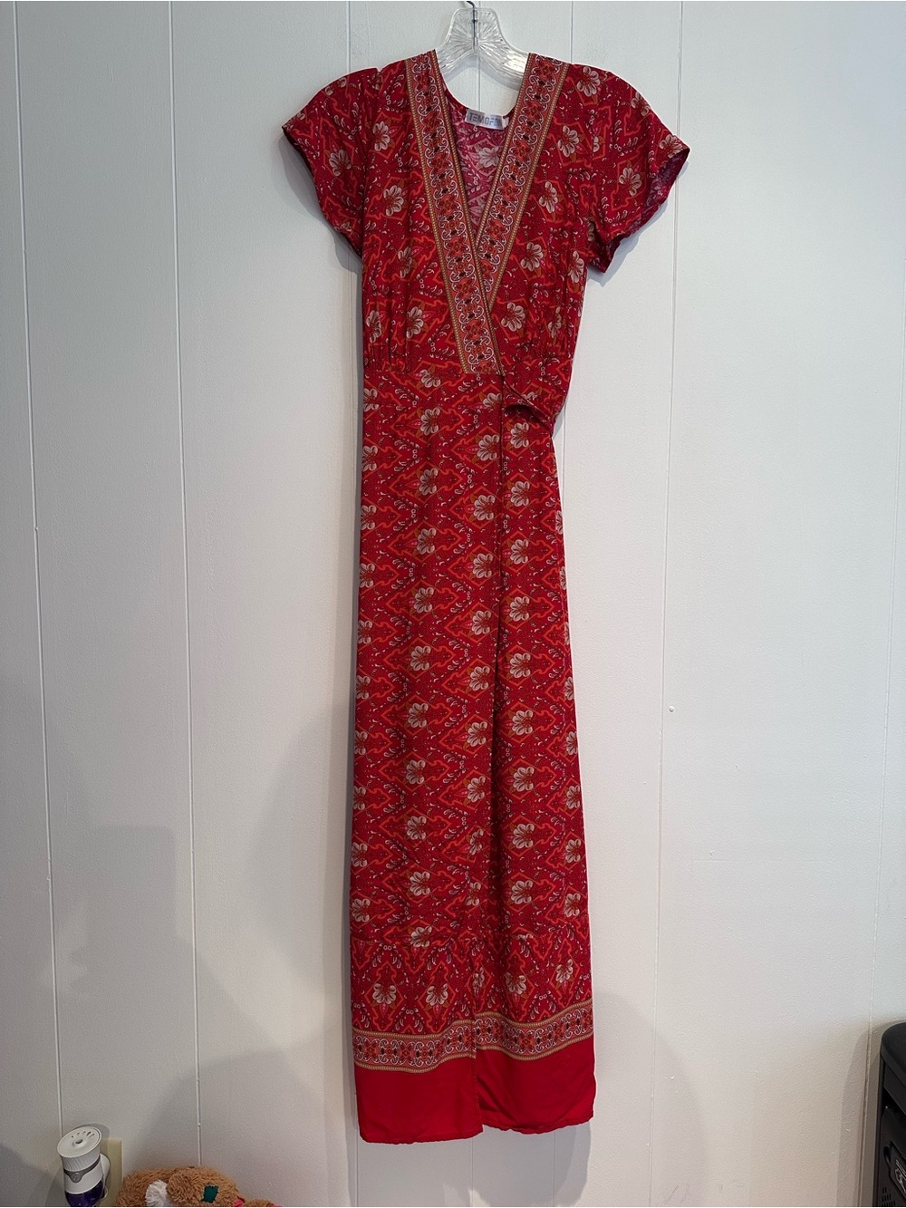 Temofon Red Floral Wrap Midi Dress XS Boho Short Sleeve Tie Waist EUC - Picture 6 of 9